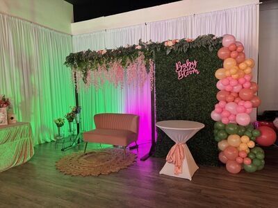 Baby in Bloom baby shower at The Prestige Venue with green lighting, pink and green balloons, and greenery wall