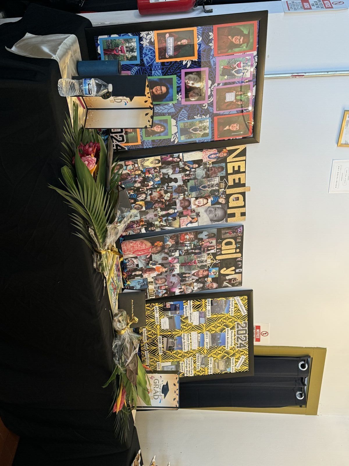 Graduation party photo display and decorations