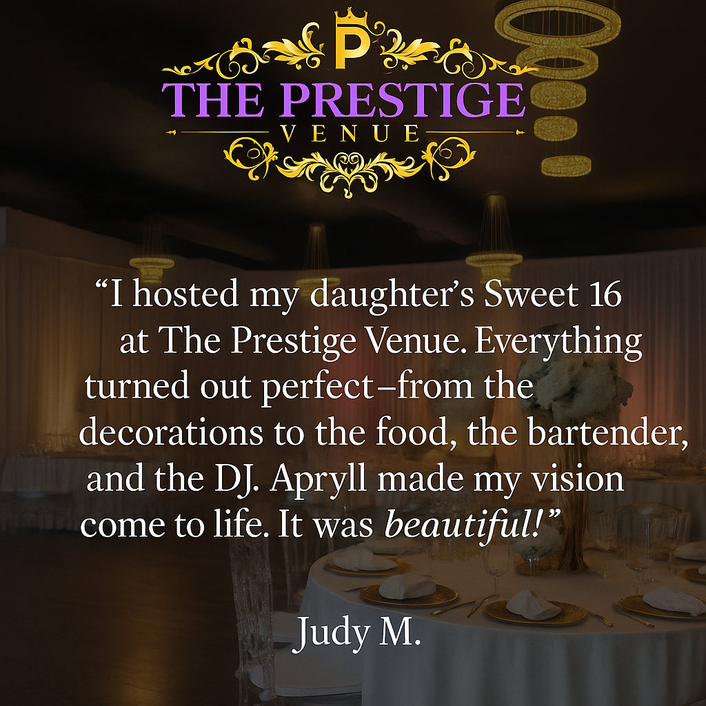 5-star Google review from Judy M. about her daughter's Sweet 16 at The Prestige Venue